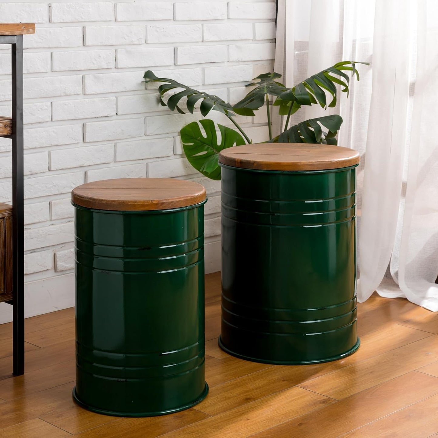 Glitzhome Farmhouse Accent Side Table, Metal Storage Stool Ottoman with Round Lid - Galvanized Coffee Cocktail End Tables Set of 2 for Living Room Bedroom, Hunter Green