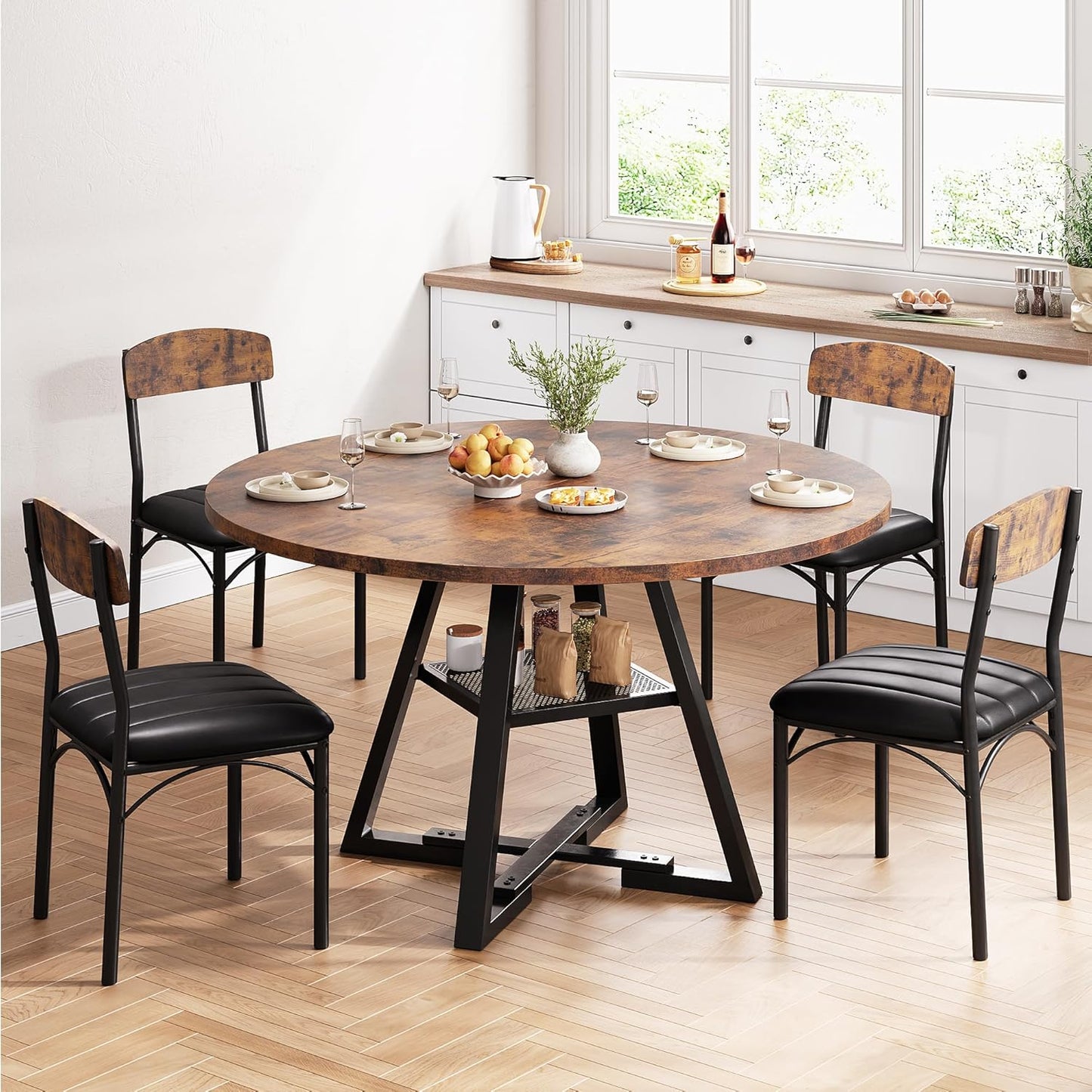Round Dining Table Set for 4, Kitchen Table and Chairs for 4, Circle Table Round Pedestal Dining Room Dinner Dinette Table Set,5 Piece Space Saving Wood Kitchen & Dining Room Tables Set Furniture