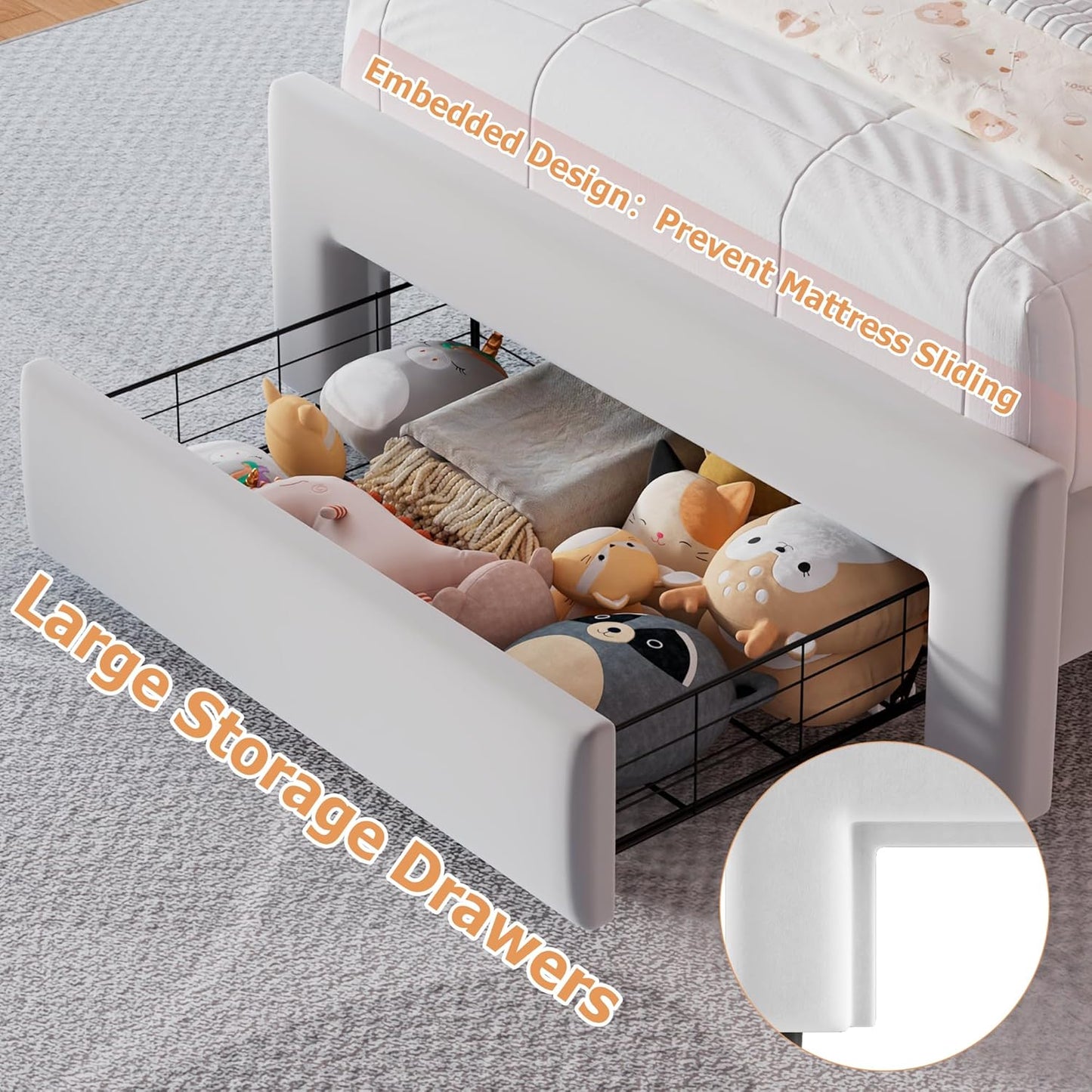 Twin Upholstered LED Bed Frame with Storage Drawer and Adjustable Chic Double Wavy Headboard, Velvet Prince Platform Bed for Boys/Kids, Solid Wood Slats Support, No Box Spring Needed, Grey