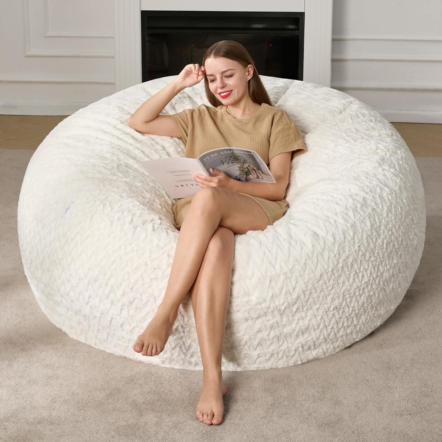 Hobestluk 5ft Bean Bag Chairs for Adults Large Beanbag Chair with Chevron Plush Fur Cover Big Bean Bag Chair for Living Room Bedroom Dorm Office - White (50” x 50” x 24”)