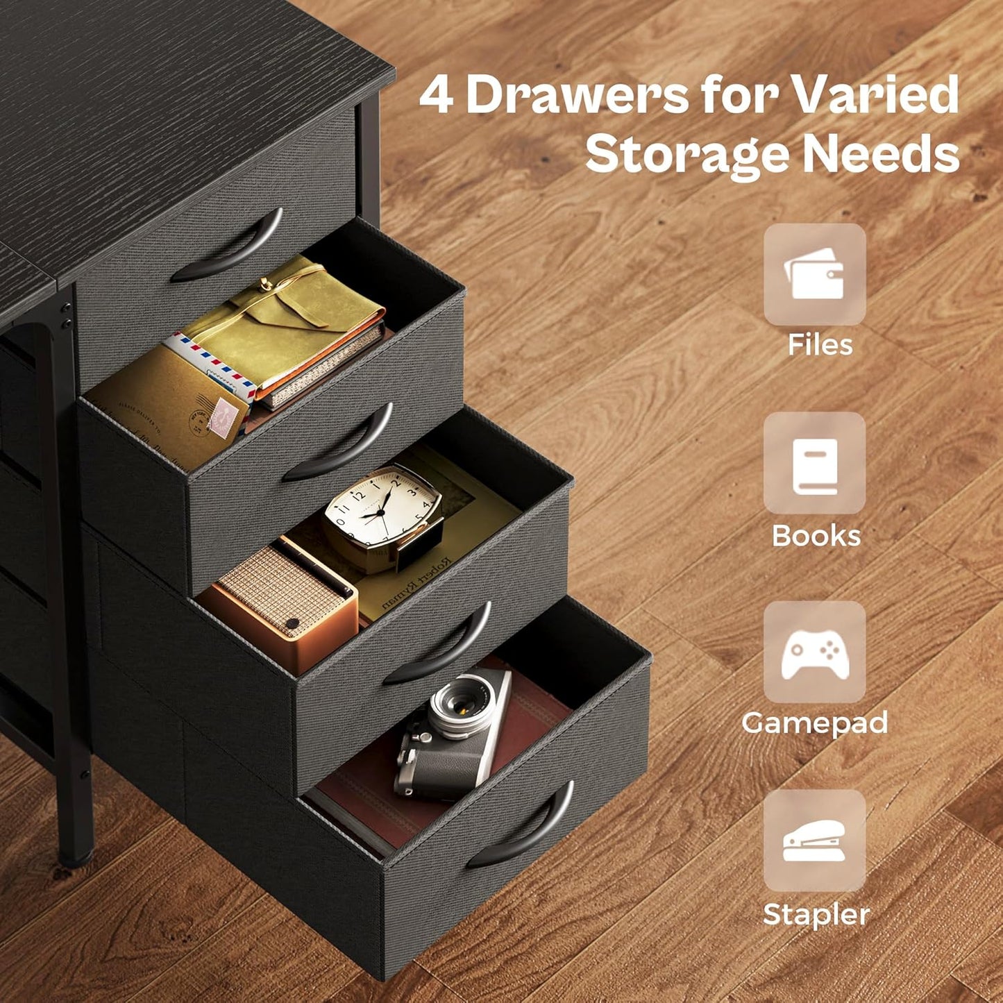 Huuger 55 Inch Computer Desk with 4 Drawers and Mesh Shelf, Gaming and Work Desk for Home Office, Study, Bedroom, Work from Home