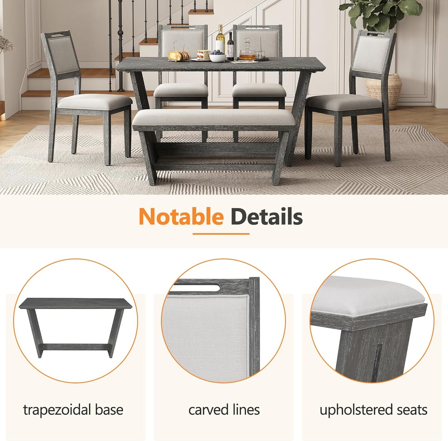 Ball & Cast 6-Piece Dining Table Set for 6 People, 60" Wood Dining Kitchen Table & Chairs Set, Rectangular Dining Room Table with Trapezoidal Base,4 Upholstered Chairs & 1 Bench, Kitchen, Gray
