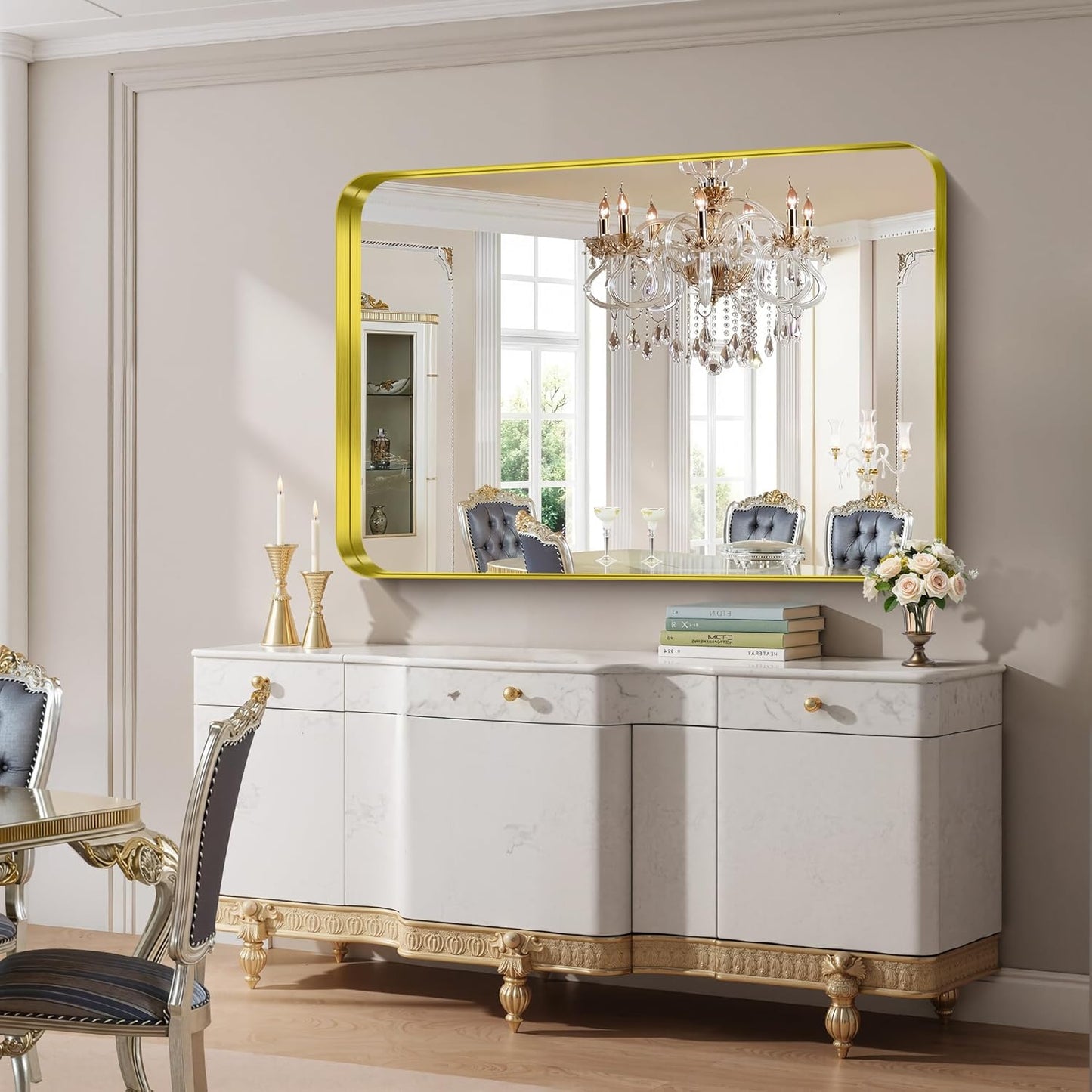 FORBATH 55x36 Inch Large Bathroom Mirror for Double Sinks, Brushed Gold Deep Frame Wall Mirror with Rounded Corners, Anti-Rust Tempered Glass for Modern Farmhouse Vanity (Horizontal/Vertical)