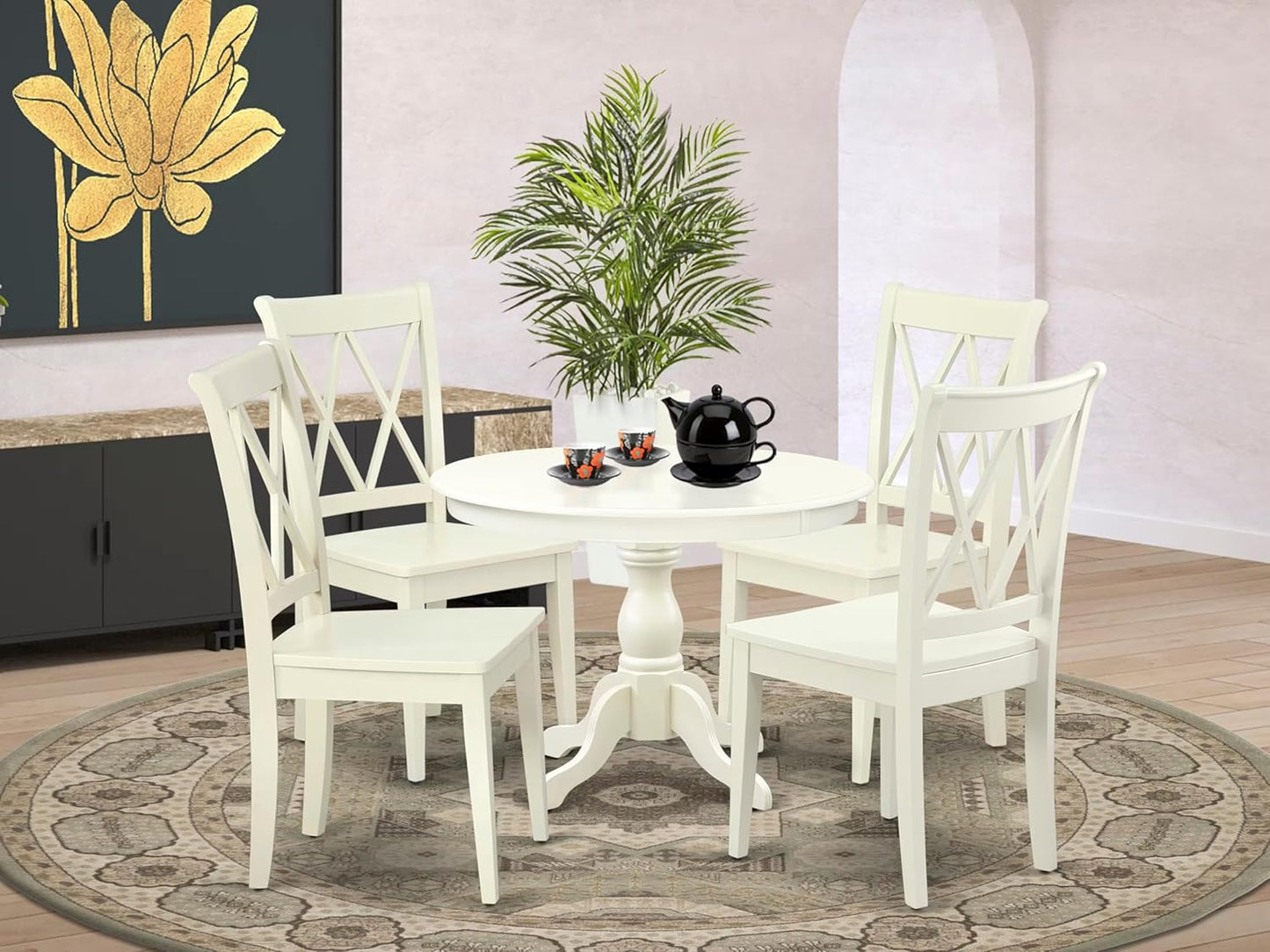 East West Furniture HBCL5-LWH-W 5 Piece Dining Set Includes a Round Dining Room Table with Pedestal and 4 Kitchen Chairs, 42x42 Inch, Linen White