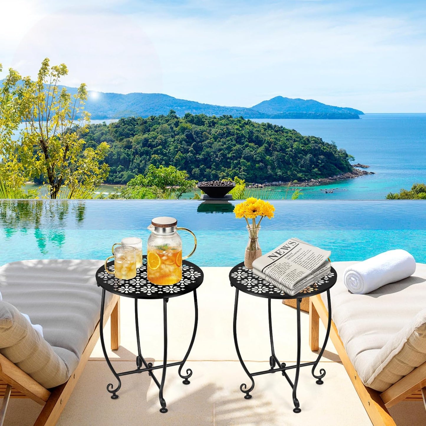 2 Pack 14 Inch Outdoor Side Table for Small Spaces, Patio Side Table,Plant Stand,Round Metal End Table for Patio,Yard Porch Balcony Garden