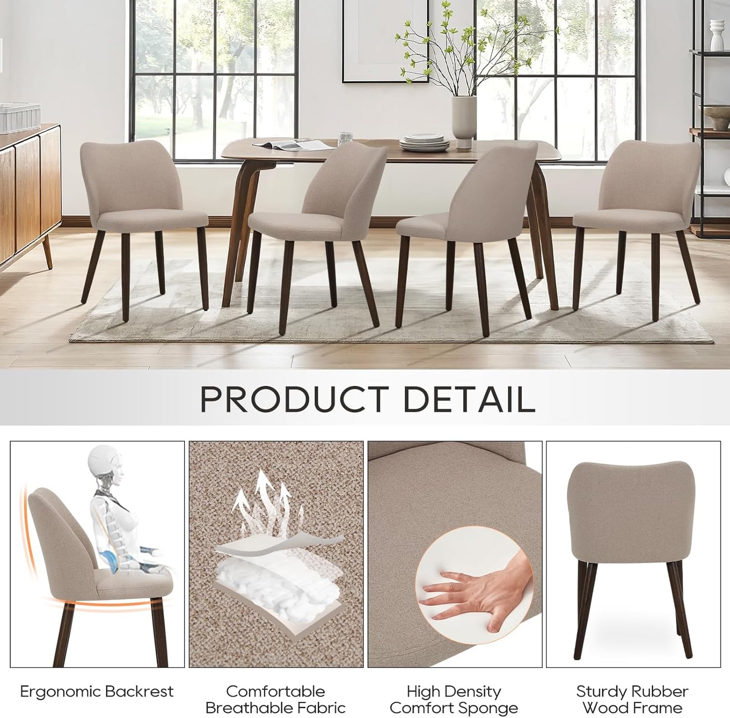 COLAMY Upholstered Dining Chairs Set of 2, Modern Fabric Dining Room Kitchen Side Chair with Padded Seat and Wood Legs for Restaurant/Cafe, Camel