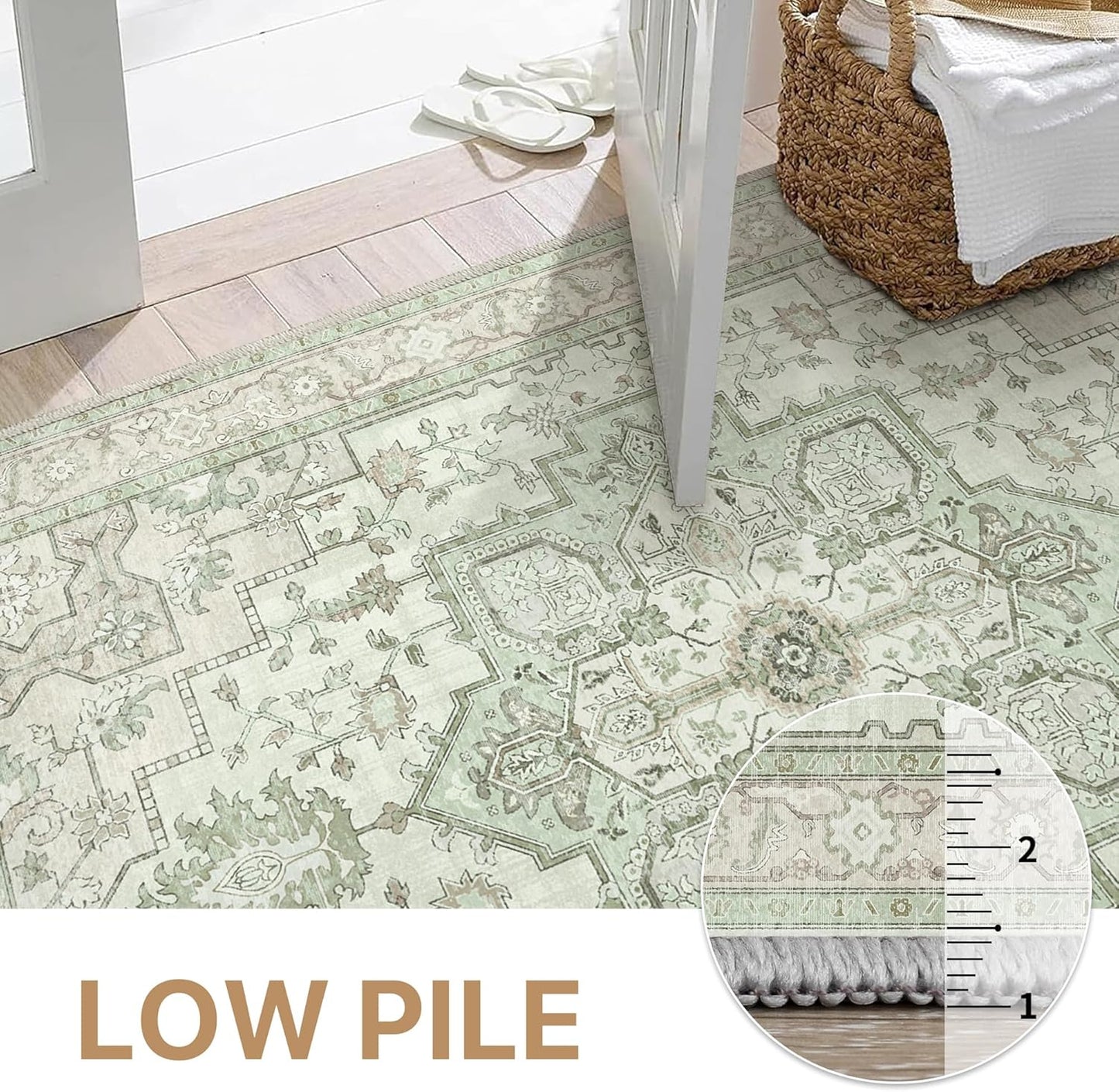 GENIMO 10x12 Area Rugs for Living Room, Machine Washable Non Slip Vintage Rugs, Low Pile Lightweight Chenille Print Rug for Bedroom, Dining Room, Home Office, Oat Light