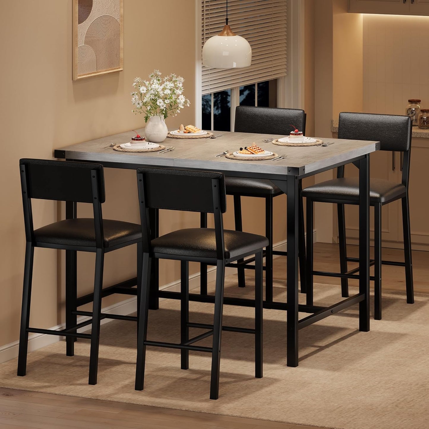 IDEALHOUSE Dining Table Set for 4 w/Footrest & Corner Protector, 5-Piece Kitchen Table Set with Counter Height Table & 4 Upholstered Bar Stools, for Kitchen Room, Apartment, Pub, Retro Gray