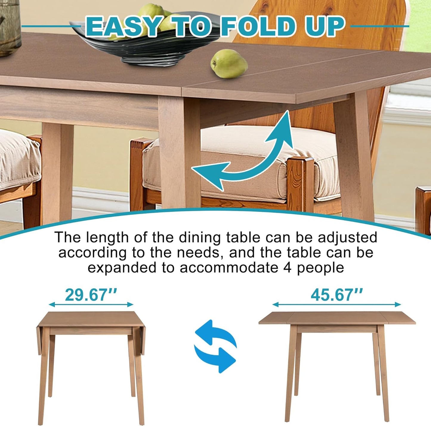 29"- 45" Extendable Dining Table for 2-4, Folding Square Dinner Table Small Kitchen Dining Room Tables with Wood Legs for Small Space, Kitchen, Living Room, Natural