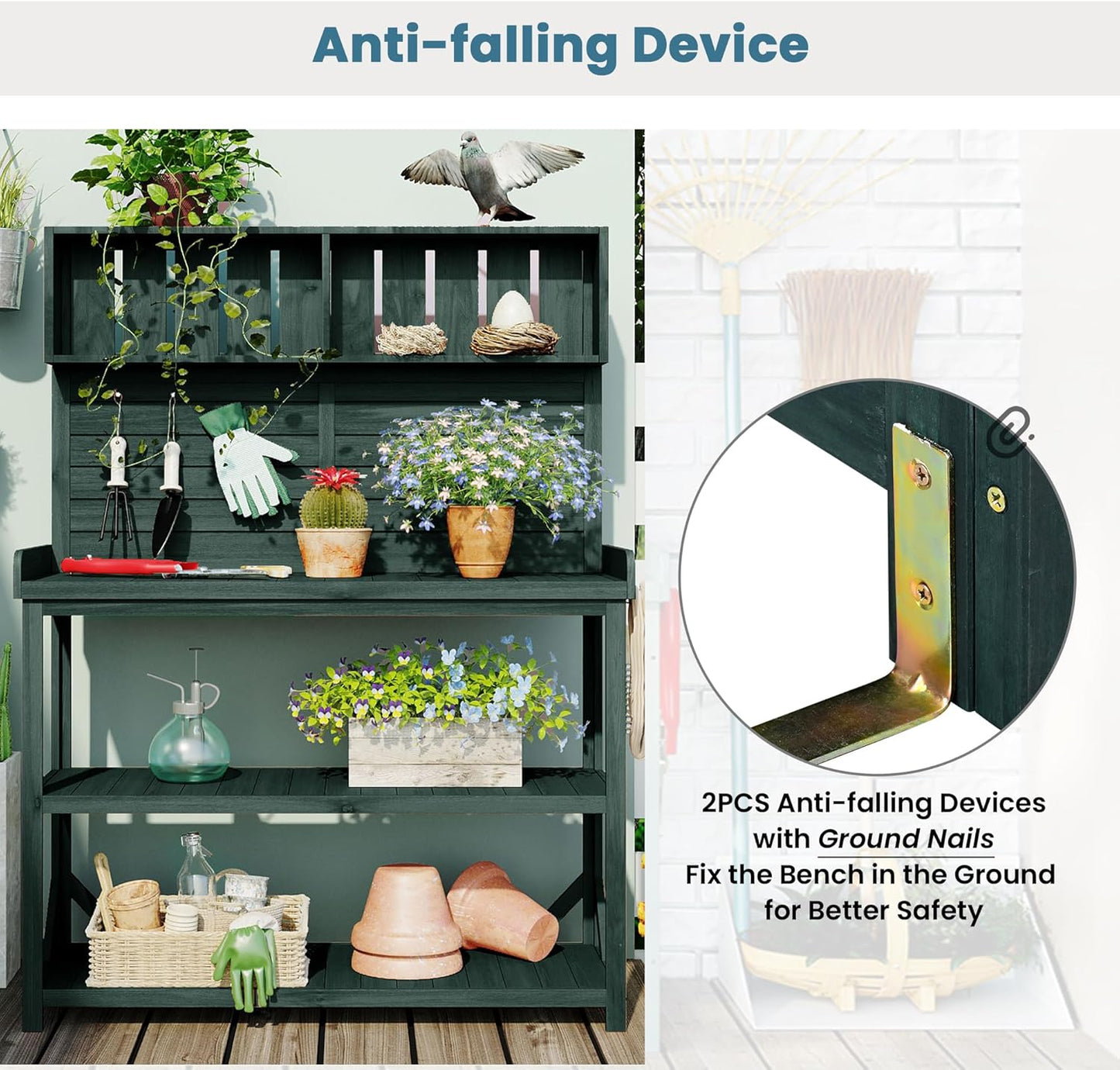 Merax 65" Large Wooden Farmhouse Rustic Outdoor Potting Bench Table with 4 Storage Shelves and Side Hook, Patio Workstation, for Garden, Backyard, Forest Green