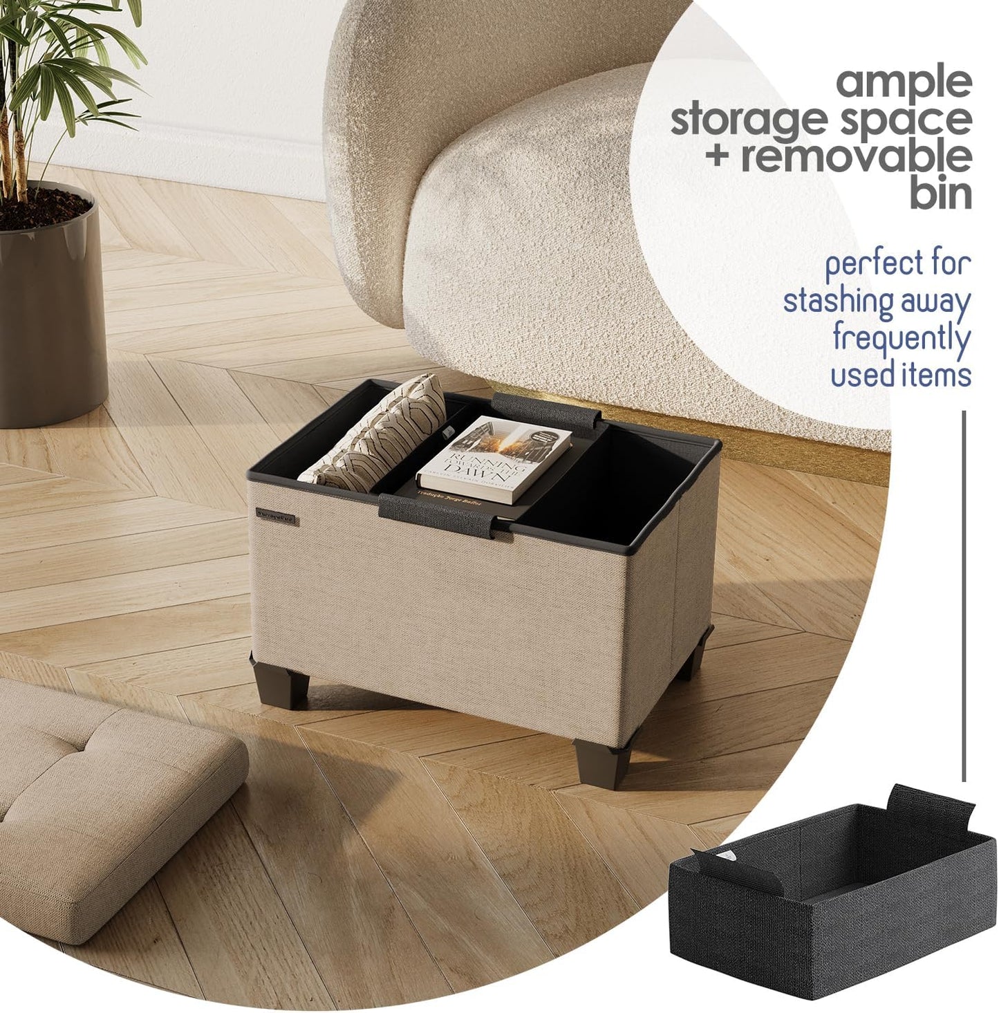 STORAGEBUD Storage Ottoman Cube with Small Bin, 16-in Square Ottoman with Storage for Living Room and Bedroom, Small Ottomans Foot Rest, Fabric Foot Stools Ottomans Max 330lbs, Taupe