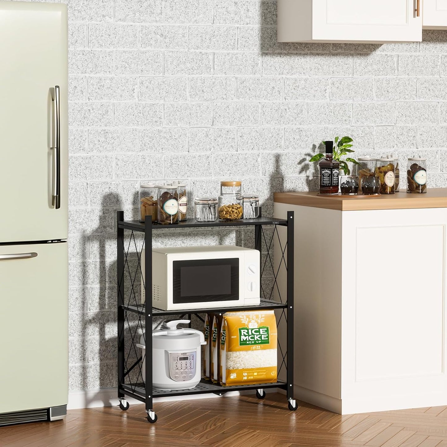 ALANNG Storage Shelves with Wheels, Bookshelf with Storage, No Assembly Metal Rack Cart for Kitchen, Office, Laundry, Garage (3 Tier, Black)