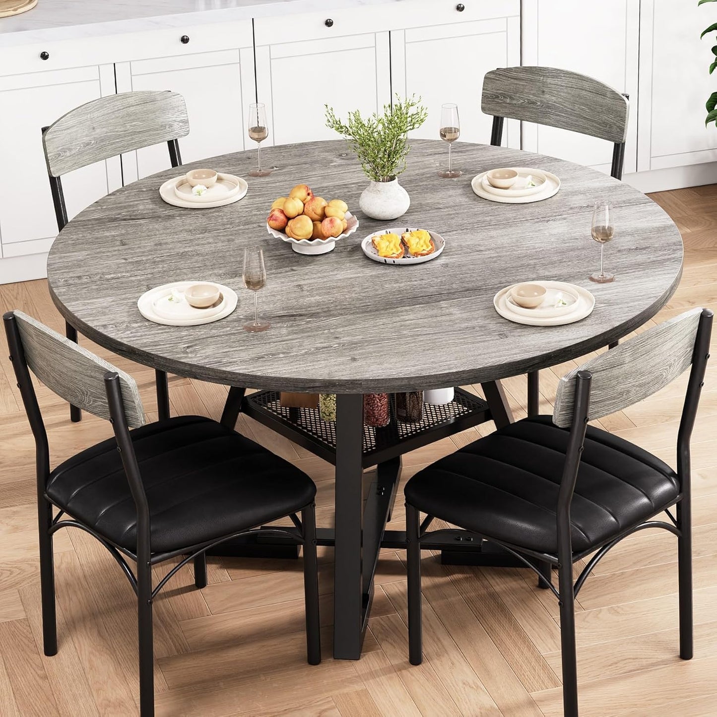 Round Dining Table Set for 4, Kitchen Table and Chairs for 4, Circle Table Round Pedestal Dining Room Dinner Dinette Table Set,5 Piece Space Saving Wood Kitchen & Dining Room Tables (Grey, 47In)