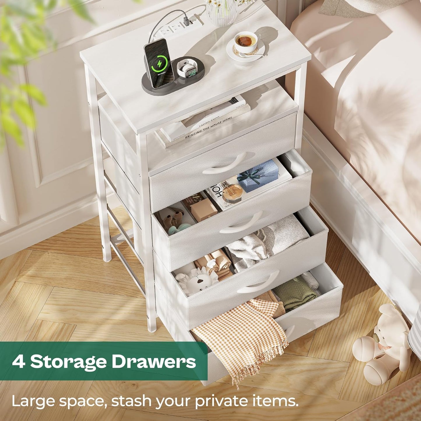 Huuger Night Stand with Charging Station, Multiple Drawer Dresser for Bedroom, Bedside Table, Tall Nightstand with PU Leather Finish, Open Shelf, End Table, for Closet, Entryway, Bedroom, White