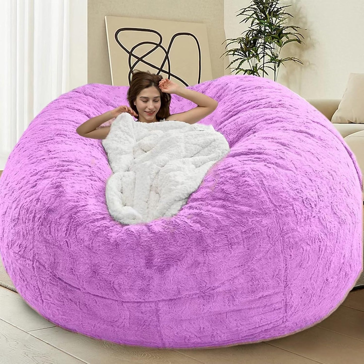 Bean Bag Chair for Adults Kids Without Filling Comfy Oversized Round Beanbag Chair for Stuffed Animal Storage Bedroom Living Room Chairs, 6FT, Purple