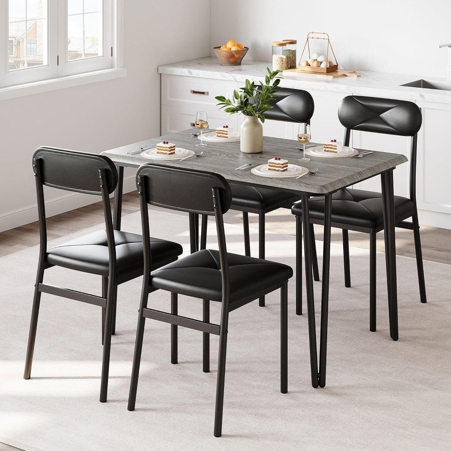 IDEALHOUSE Dining Table Set for 4, Kitchen Table with Upholstered Chairs for Kitchen Room and Small Spaces (Grey, Table with 4 Upholstered Chairs)