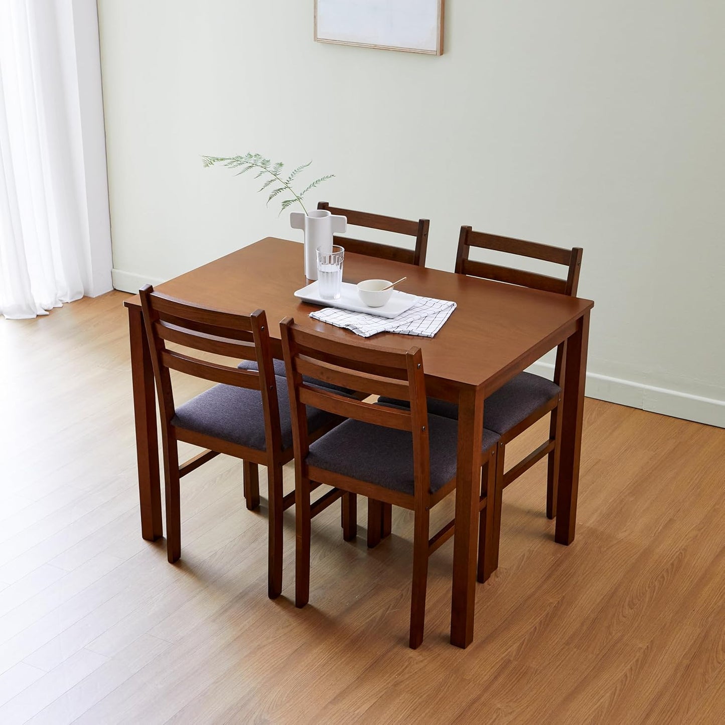 Livinia Seattle 5-Piece Wooden Dining Table Set for 4, Modern Farmhouse Kitchen Dining Room Set with Solid Wood Ladder Back Chairs for Small Space (Antique)