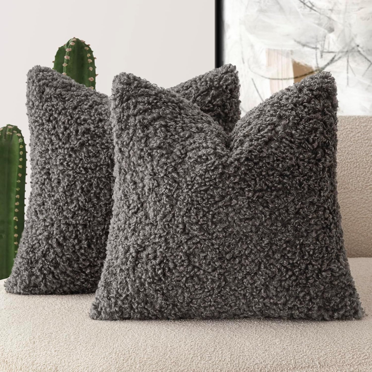 Foindtower 2 Pieces 18x18 Inch Dark Gray, Faux Fur Throw Pillow Cover Accent Sherpa Furry Pillow Covers Fuzzy Soft Pillowcases Cozy Sheepskin Decorative Fleece Cushion Case for Bed Couch Living Room