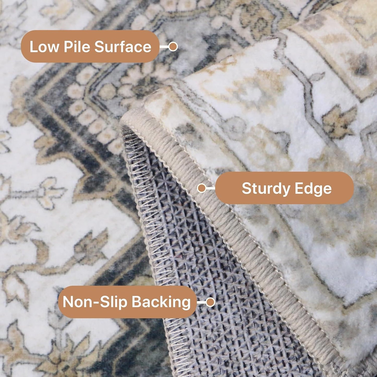 GENIMO 8x10 Area Rugs for Living Room, Machine Washable Non Slip Vintage Rugs, Low Pile Lightweight Chenille Print Rug for Bedroom, Dining Room, Home Office, Heathered Grey