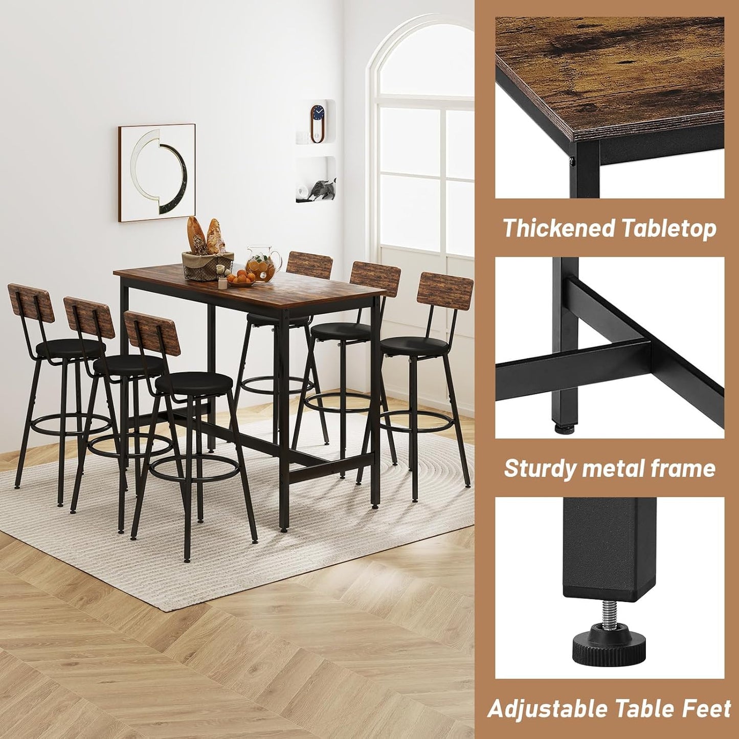 Dining Table Set for 6, 7-Piece Bar Table Set, Kitchen Table and Chairs, Counter Height High Top Table with 6 PU Upholstered Stools, Space-Saving Pub Tables Set for Small Space, Brown