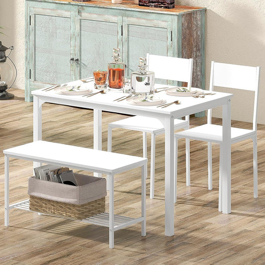 SogesHome Kitchen Table Set for 4, Compact Dining Table Chair Set with Bench, 4 Piece Table with Built-in Storage Racks, Metal Frame, for Apartment, Restaurant, White