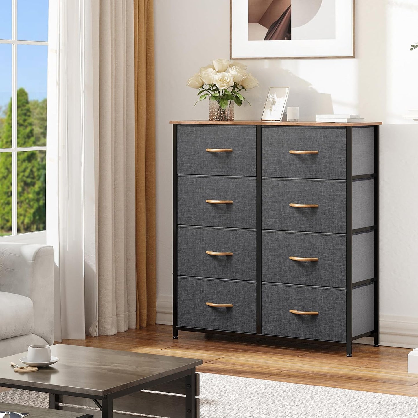DWVO Dresser for Bedroom, Fabric Dresser with 8 Drawers, Tall Double Drawer Chest of Drawers for Closet, Living Room, Sturdy Steel Frame, Wooden Top, Easy Pull Handle