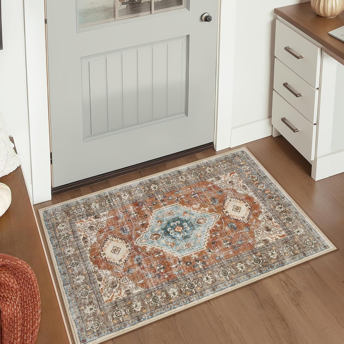 Lahome Oriental Small Rugs for Entryway, 2x3 Rug Non Slip Washable Door Mat Indoor Entrance Ultra-Thin Vintage Soft Carpet for Kitchen Bedroom Front Door Bathroom, Orange/Multi
