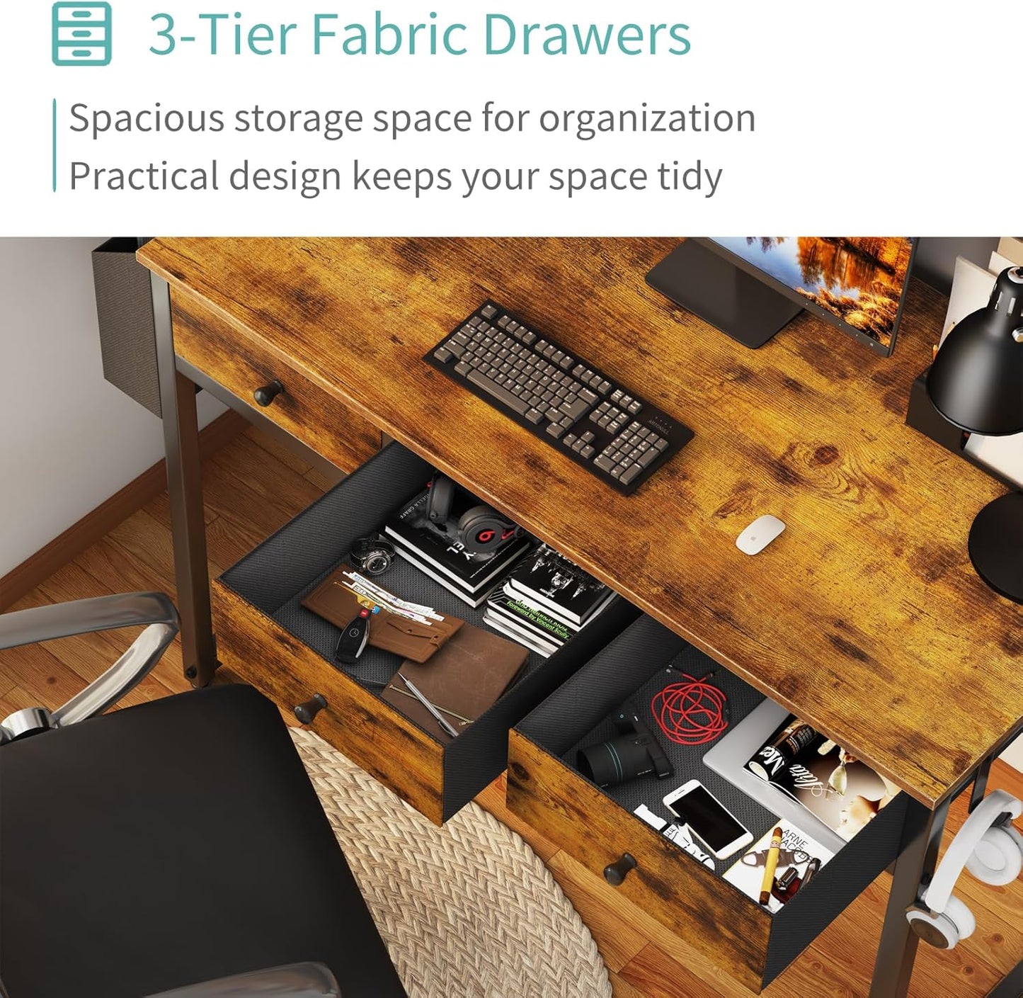 Lufeiya 40 Inch Desk with Drawers for Bedroom - 39 Inch Home Office Desks with 3 Fabric Storage Drawer and Pocket, Study Writing Table Rustic Computer Desk, Vintage Brown