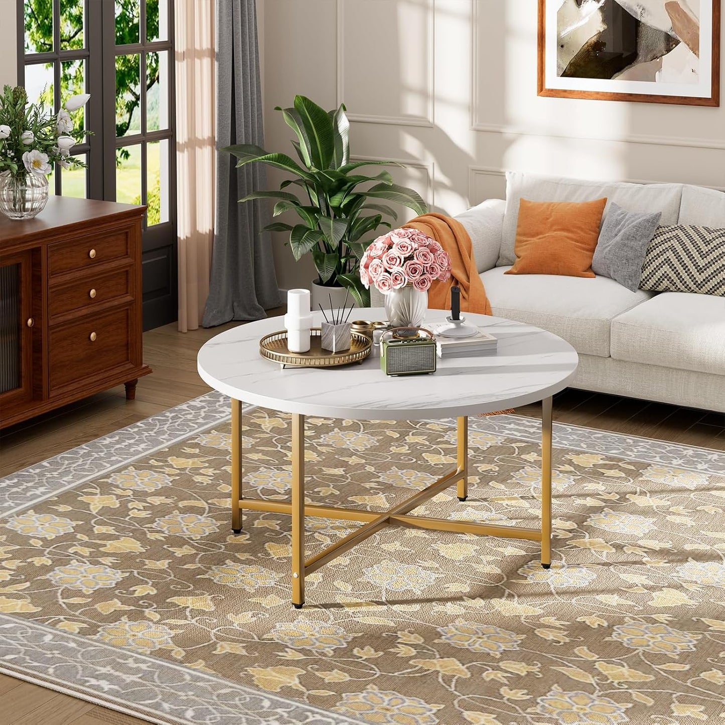 Round Coffee Table, 31.5" Circle Coffee Table, Coffee Tables Living Room, Gold Coffee Table Round for Indoor & Outdoor Use, Office, Patio or Garden, Large White & Gold (31.5" D x 17.7" H)