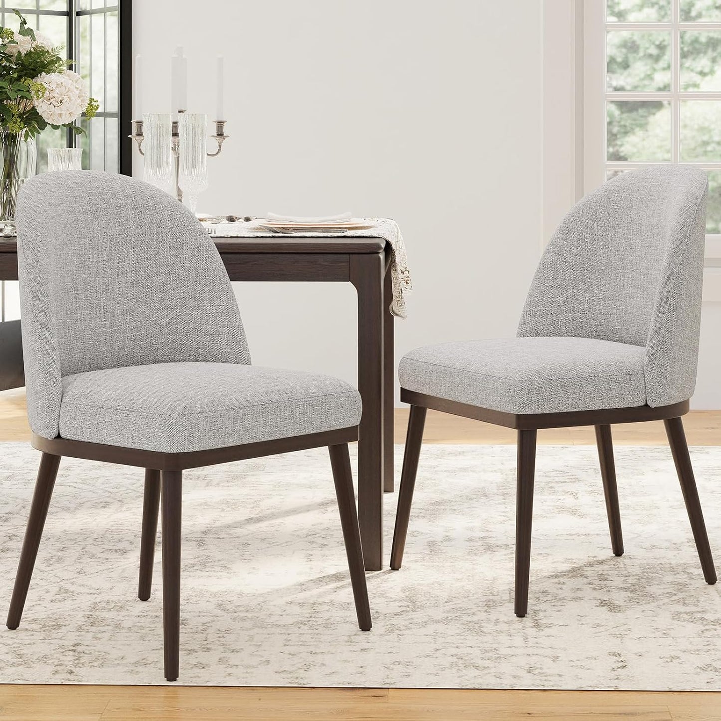 COLAMY Upholstered Dining Chairs Set of 2, Large Dining Room Kitchen Chairs with High Back and Deep Seat, Modern Fabric Dinner Chairs with Wood Legs, Light Grey