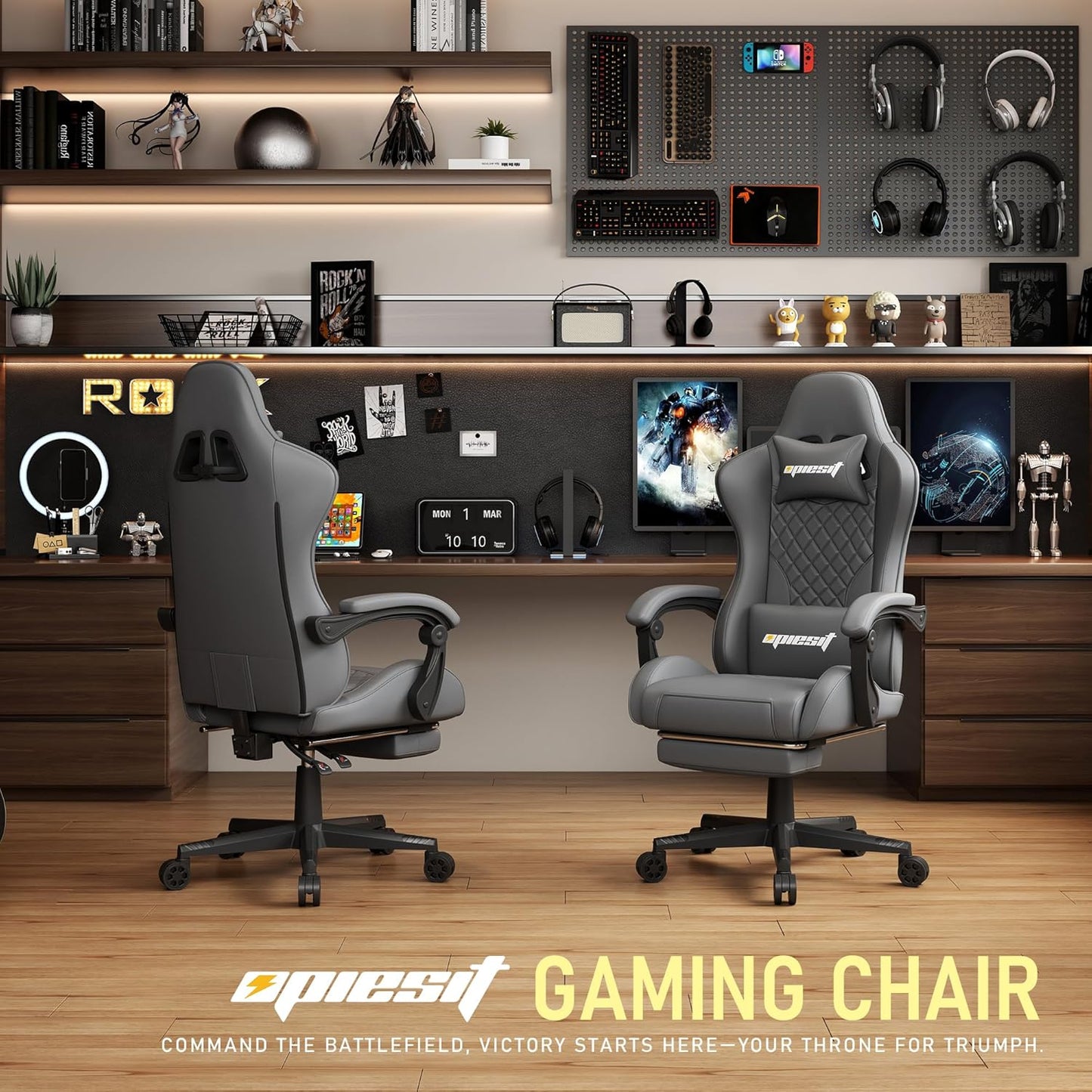 Gaming Chair Office Chair with Footrest, Height Adjustable, Ergonomic Computer Chairs with Pocket Spring Cushion, PU Leather,Video Game Chair 360° Swive,(PU-Grey)