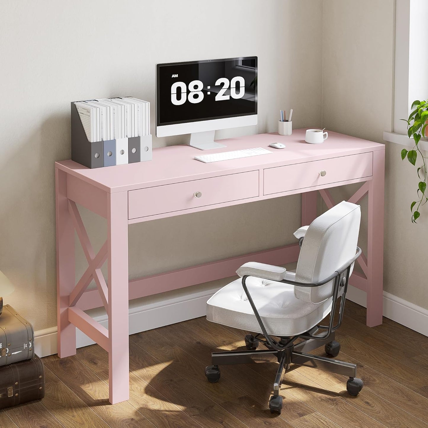 ChooChoo Computer Desk for Home Office, 39 Inches Writing Table with Drawers, Makeup Vanity Console Table, Pink