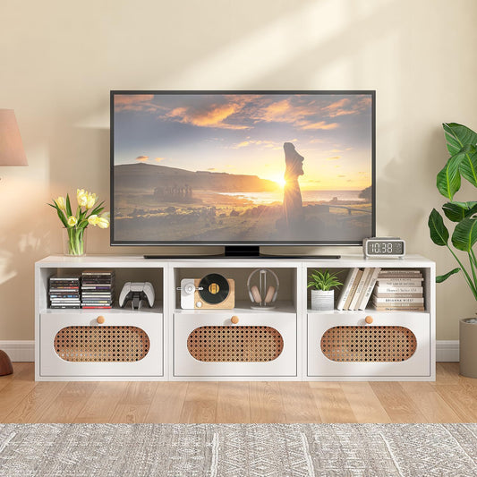 3-in-1 Modular TV Stand with Rattan Doors, DIY Media Console Boho Entertainment Center Modern TV Cabinet with Open Shelves,White