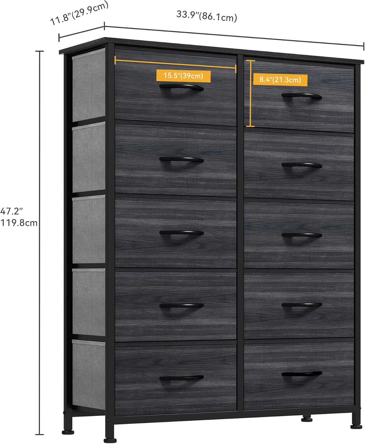 DWVO 10 Drawer Dresser - Fabric Storage Tower, Organizer Unit for Living Room, Hallway, Closets - Sturdy Steel Frame, Wooden Top & Easy Pull Fabric Bins