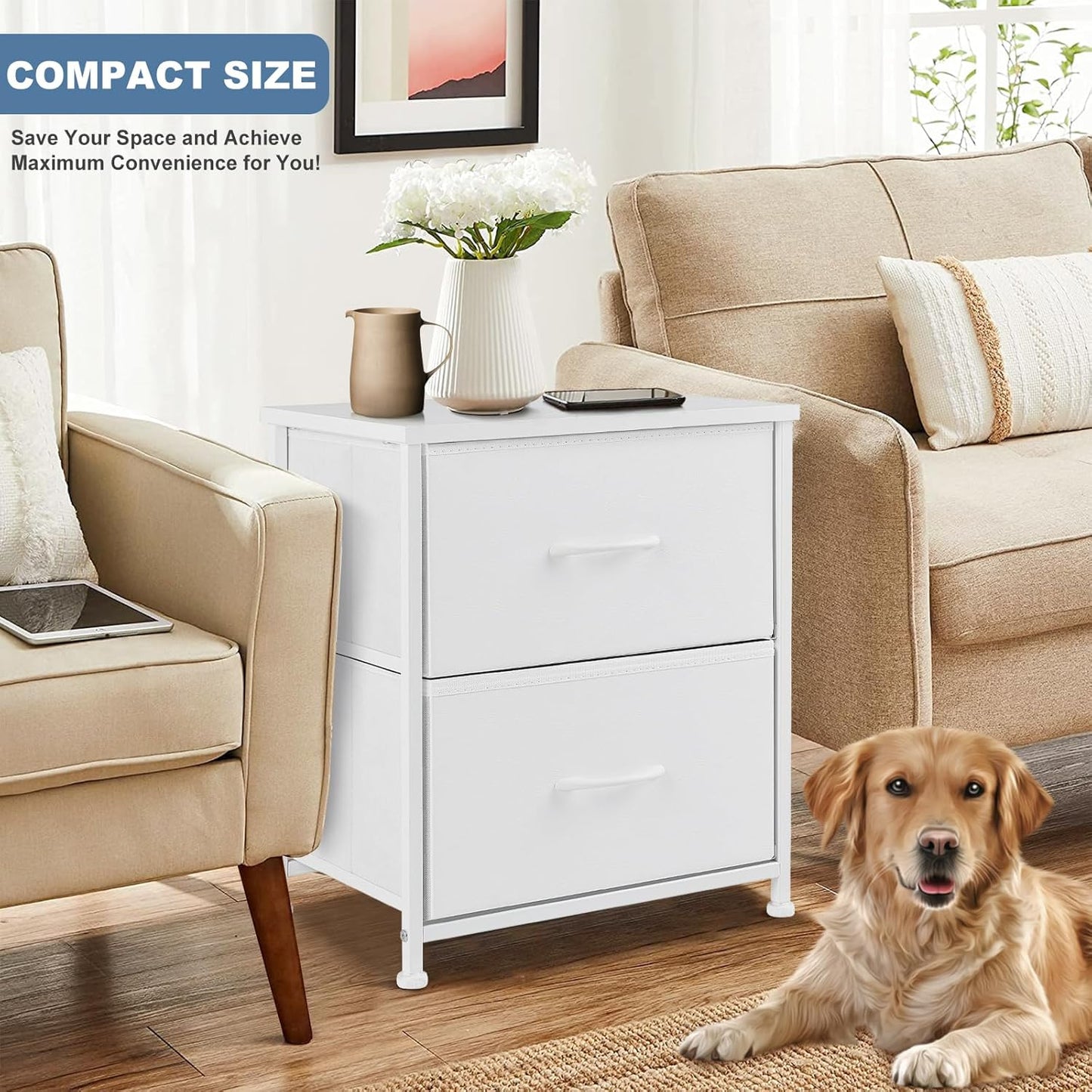 DUMOS Nightstand Small Dresser with 2 Fabric Drawers Side Tables Bedroom End Table Kids Bedside Storage Furniture for 20 inch Tall Night Stand for Closet, Entryway, College Dorm, White(2 Pack)