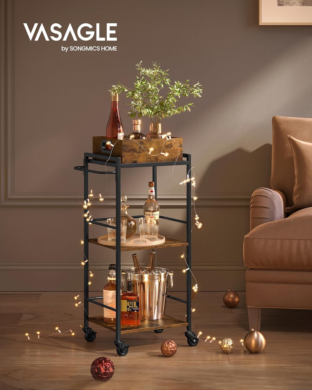 VASAGLE Kitchen Serving Cart with Removable Tray, 3-Tier Kitchen Utility Cart on Wheels with Storage, with Brakes, Leveling Feet, 11.8 x 13.7 x 33.9 Inches, Rustic Brown and Black ULRC062B01