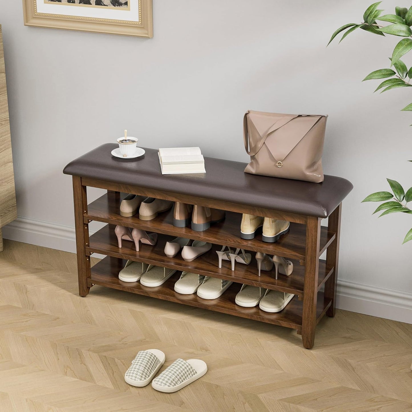 Shoe Bench Storage Rubberwood with Leather Cushion, Entryway Bench with 3-Tiers Height Adjustable, Shoe Rack Front Doors Entrances for Hallway Living Room,Mudrooms (Brown,39.4")