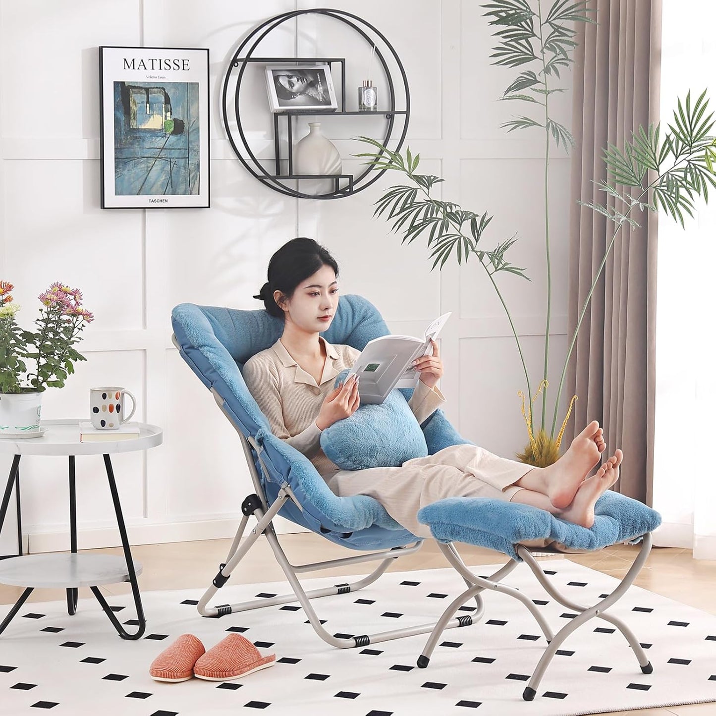 Saucer Chair with Ottoman, Comfy Oversized Folding Chair, Faux-Fur Reading Chair for Teens, Adults, Foldable Accent Lazy Chair, Metal Frame Lounge Chair for Living Room, Bedroom, Blue