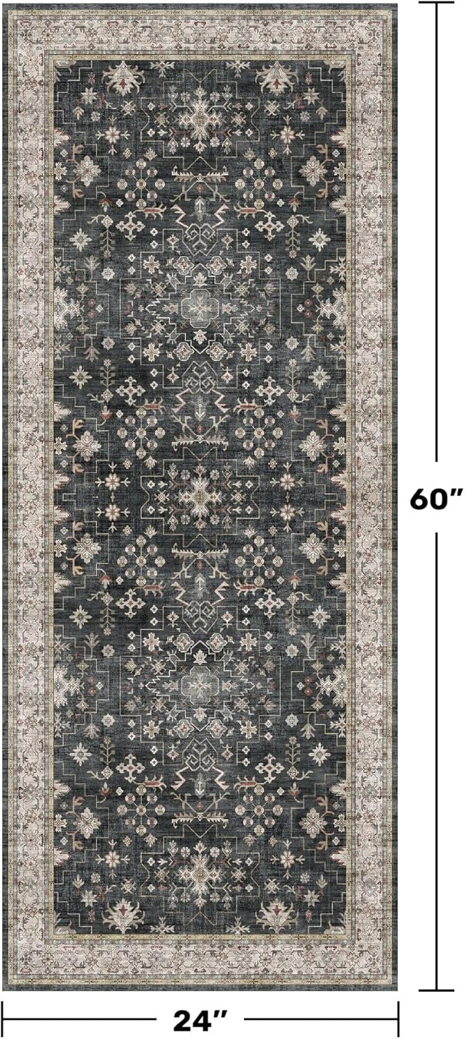 Black Entryway 2x5 Runner Rug, Small Throw Runners for Kitchen Bedroom Bathroom Laundry Room, Vintage Floral Decor & Non-Slip Low-Pile Washable Stain Resistant, Dark Ashen Charcoal