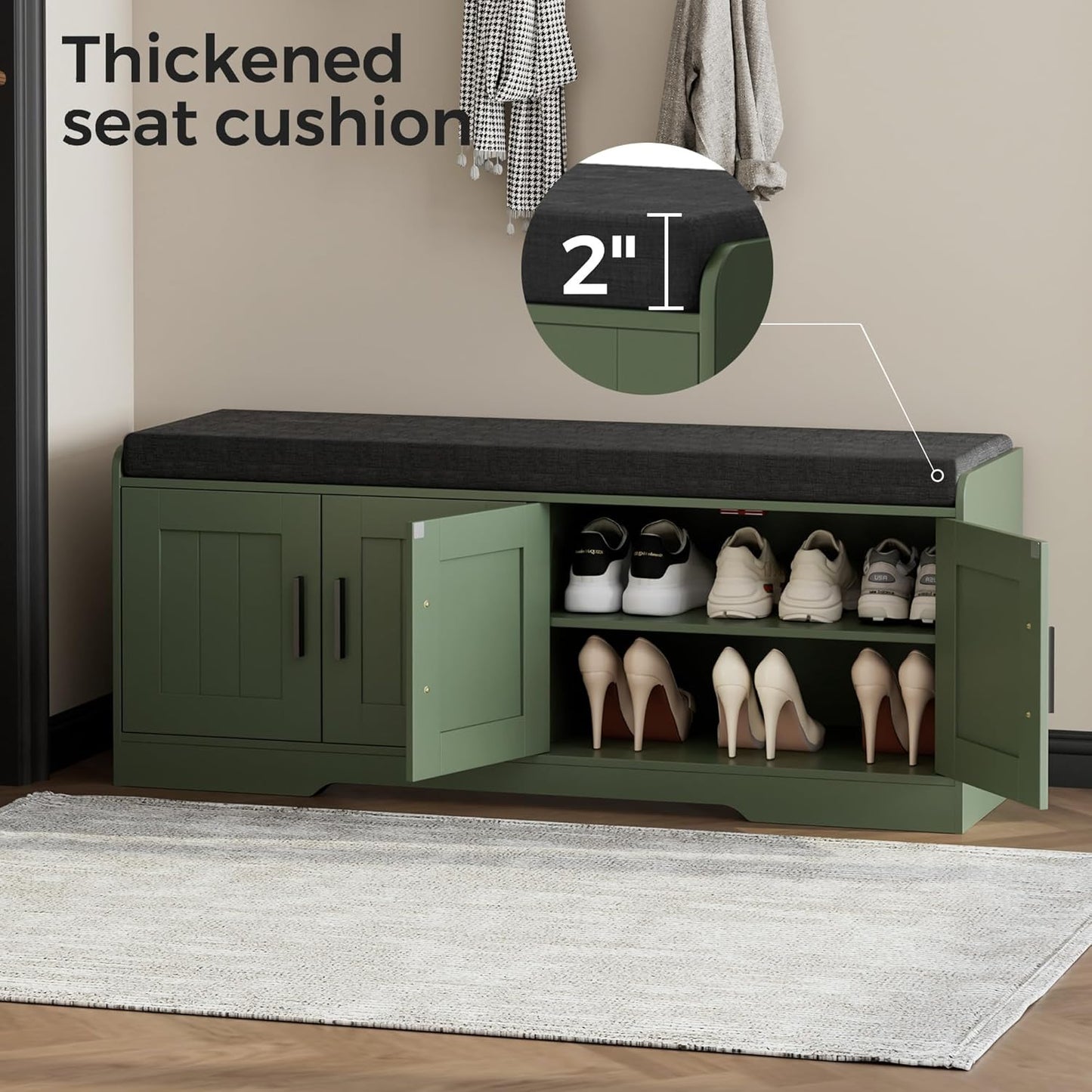 2-Tier Storage Bench, Shoe Bench with Thickened Padded Seat Cushion, Entryway Bench with 4 Doors, Adjustable Shelf, 13.8" D x 45.3" W x 18.5" H, for Entryway, Living Room, Bedroom, Green
