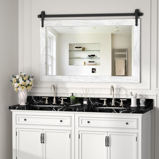 Farmhouse Mirror 42”x28” White Rustic Mirror for Wall Vanity Mirrors Barn Door Style Decor Bathroom Living Room Entryway Bedroom Mirrors