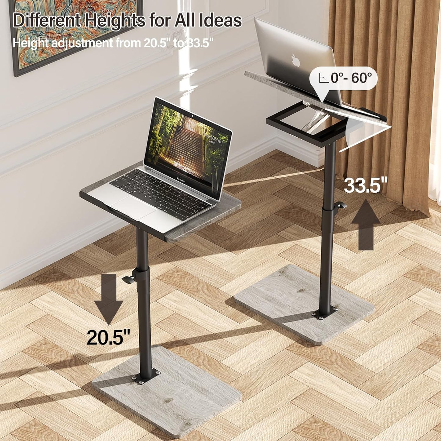 Sofa Armrest Tray Table for Couch - 360° Swivel Height Adjustable End for Small Spaces, Snack Side Table for Bed or Chair with Phone & Tablet Slot (Gray,Angle Adjustable)