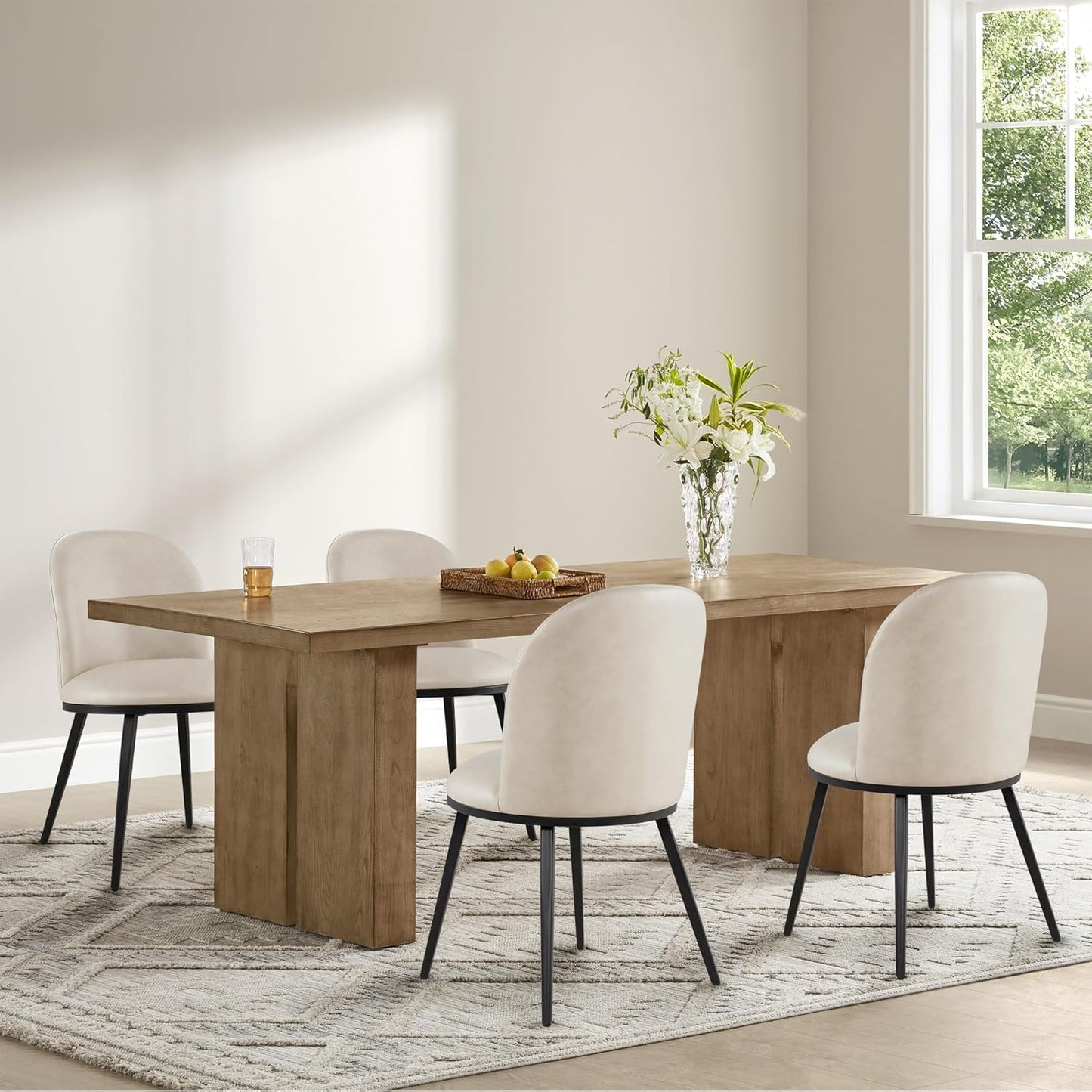 Dining Chairs Set of 4, Faux Leather Upholstered Dining Room Chairs with Ergonomic Backrest & Metal Legs, Modern Kitchen Side Chairs for Home, Restaurant, and Café, Beige, 2 Boxs