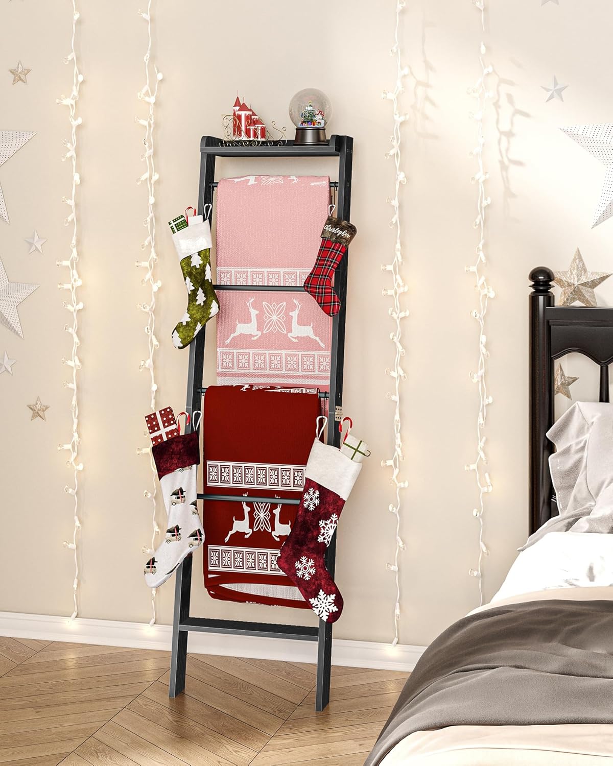 Blanket Ladder Shelf for Living Room, Decorative Quilt Rack with Storage Shelf, 6-Tier Farmhouse Ladder Holder Organizer with 4 Removable Hooks for Bedroom, Black BR35804B