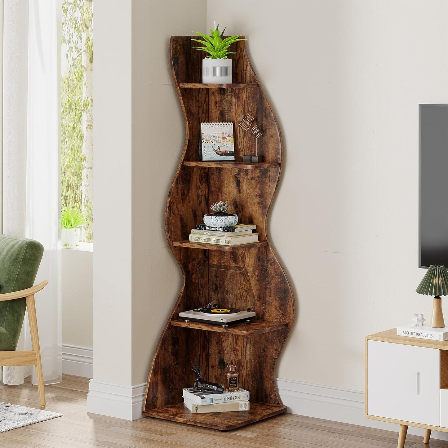 Tribesigns Corner Shelf, Rustic 5-Tier Wall Corner Bookshelf, Stylish Corner Small Bookcase Storage Rack Plant Stand with Unique Shape for Living Room, Home Office (2PCS, Brown)