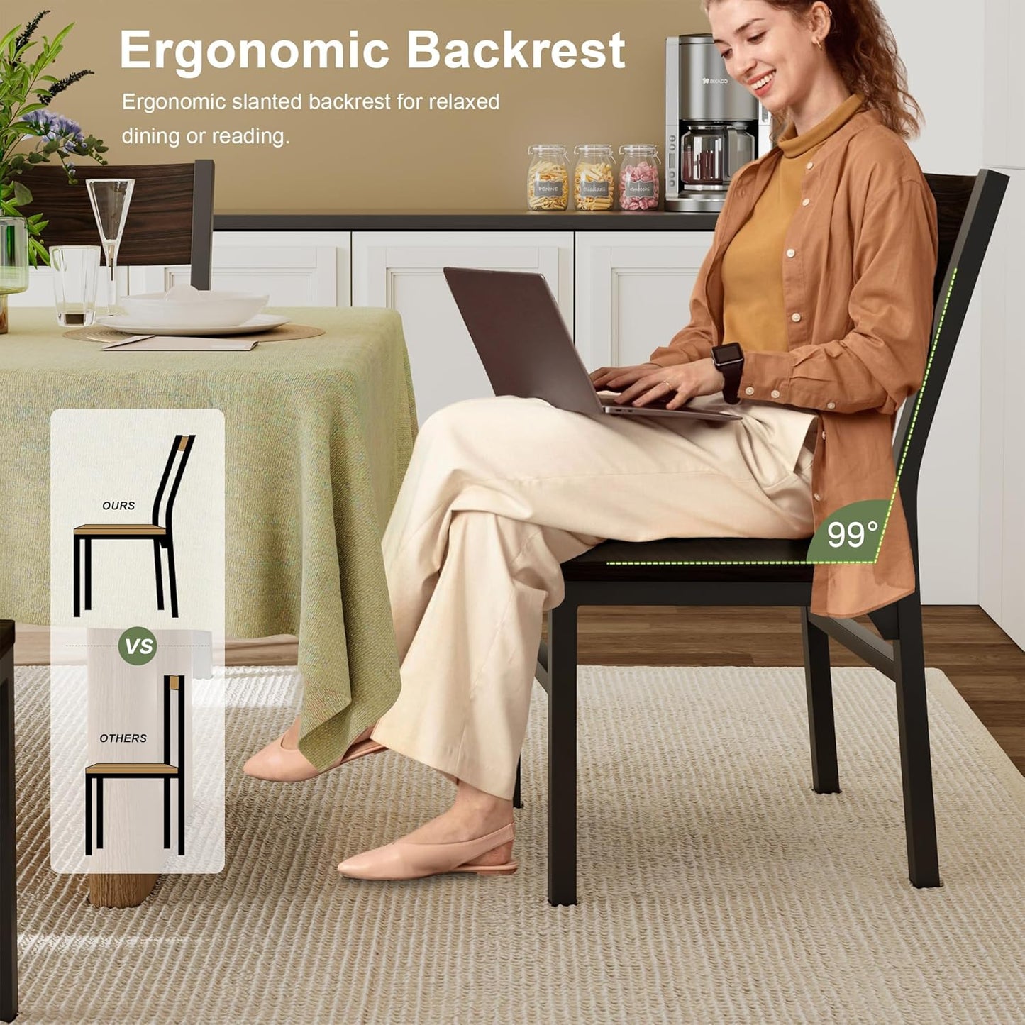 Feonase Dining Chairs Set of 6, Modern Kitchen Chairs with Ergonomic Backrest, MDF Board and Metal Legs, Dinner Chairs for Dining Room, Kitchen and Living Room, Espresso