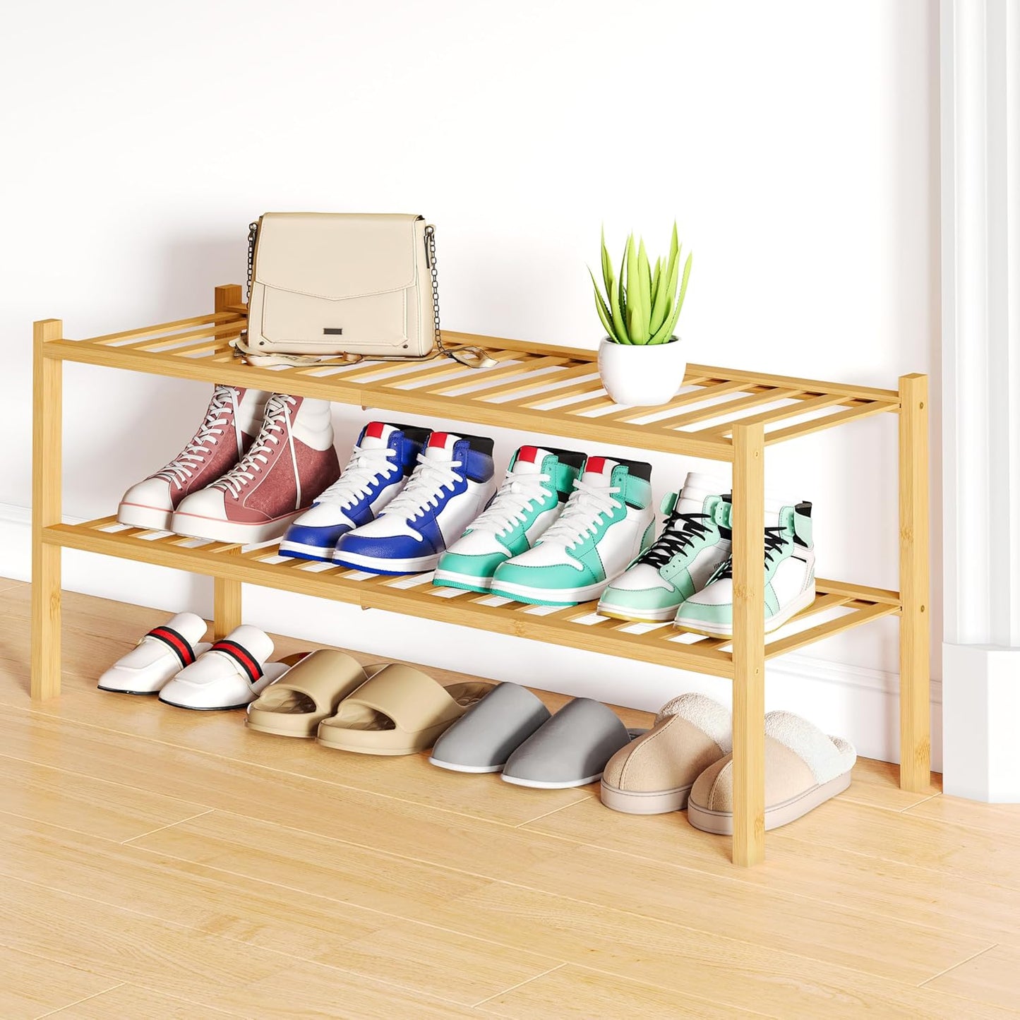 Smiry Shoe Rack, 2 Tier Long Bamboo Shoe Organizer, Stackable Free Standing Wooden Shoe Storage Shelf for Closet, Entryway, Front Door Entrance, Natural