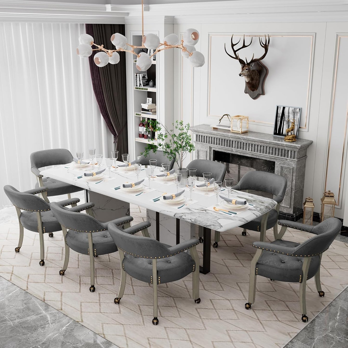 LEEMTORIG Large Dining Chairs with Casters and Arms, Rolling Dining Chairs with Wheels, Wood Boss Caption's Chairs, 26" D x 25.2" W x 31.5" H, Grey Legs & Dark Grey Fabric SY-1318-GY
