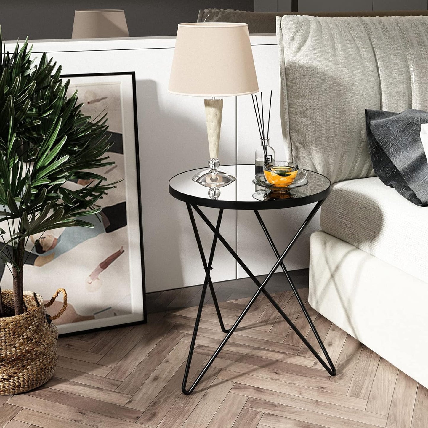 HLR Modern Round Side Table Set of 2, End Table with Marble Effect Top and Gold Metal Frame, Small Side Table for Living Room, Bedroom, Sofa and Couch, Black Legs, Mirror top