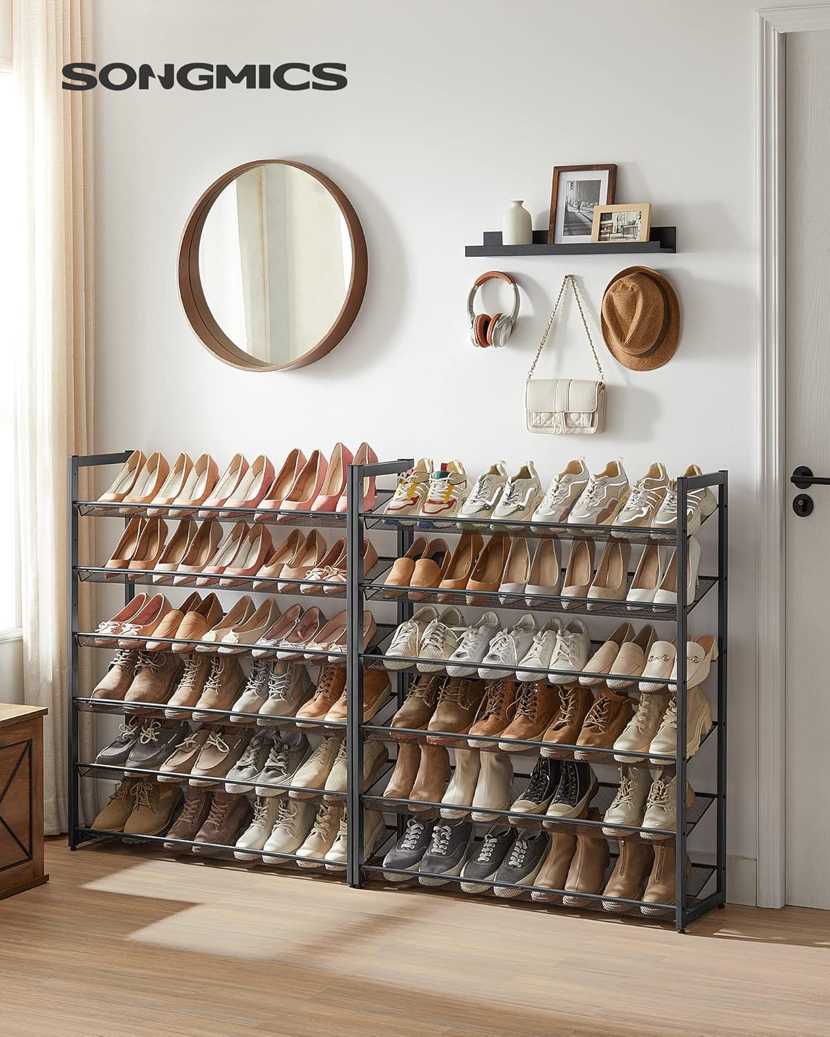 SONGMICS Shoe Rack, 12-Tier Shoe Organizer, Metal Shoe Storage for Garage, Entryway, Set of 2 6-Tier Stackable Shoe Shelf, with Adjustable Flat or Angled Shelves, Holds 48-60 Pairs, Black ULMR12B